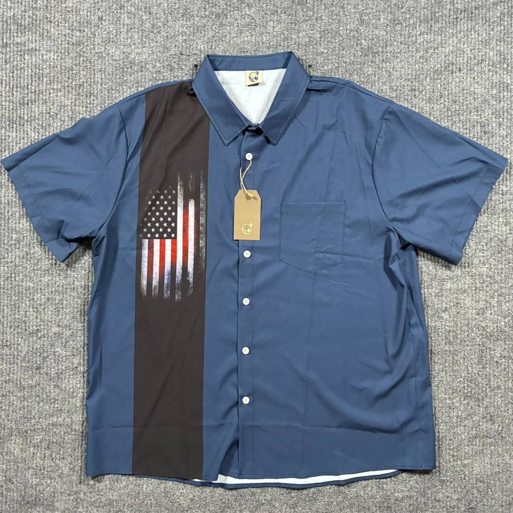 Hardaddy Mens Button Up Shirt XL Short Sleeve Blue American Flag Graphic Casual